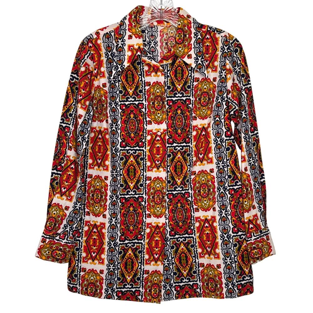 Vintage 1970s Bold Print Cotton dagger collar Shirt Boho Mod Festival medium